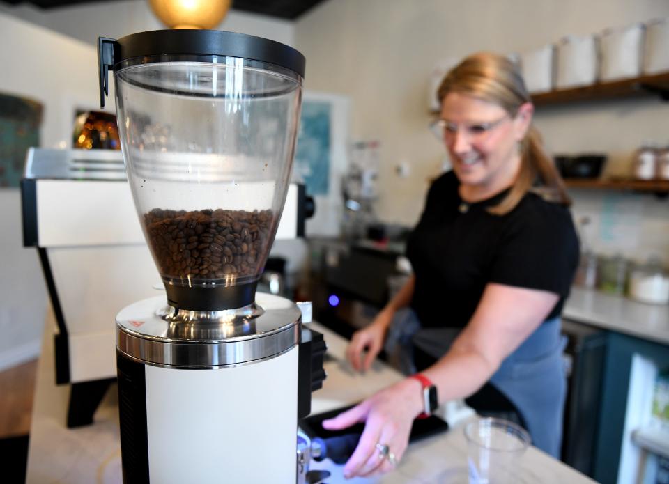 Claire Miller, owner of 2nd Wave Coffee and Social, makes espresso shots Monday, March 4, 2024, at 19 Williams Street in Berlin, Maryland.