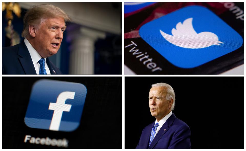 Pictured: President Donald Trump speaking during a news conference at the White House in July, the Twitter app,  Democratic presidential nominee, former Vice President Joe Biden, and the Facebook app.