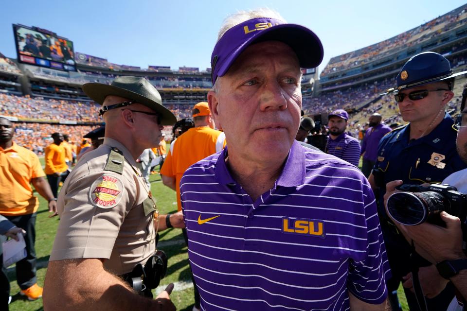 LSU head coach Brian Kelly walks off the field after their loss to Tennessee in an NCAA college football game in Baton Rouge, La., Saturday, Oct. 8, 2022. Tennessee won 40-13.(AP Photo/Gerald Herbert)