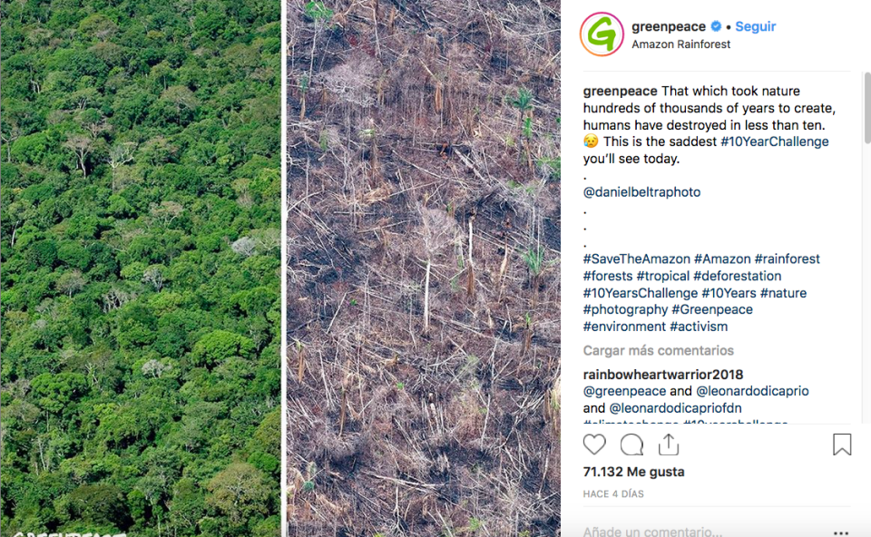 Greenpeace y otras organizaciones encargadas de la defensa del medioambiente se han sumado al #10yearchallenge a su manera, llamando la atención sobre el deterioro del planeta en una década. (Foto: Captura del p<a href="https://www.instagram.com/greenpeace/" rel="nofollow noopener" target="_blank" data-ylk="slk:erfil de Instagram de Greenpeace;elm:context_link;itc:0;sec:content-canvas" class="link ">erfil de Instagram de Greenpeace</a>)