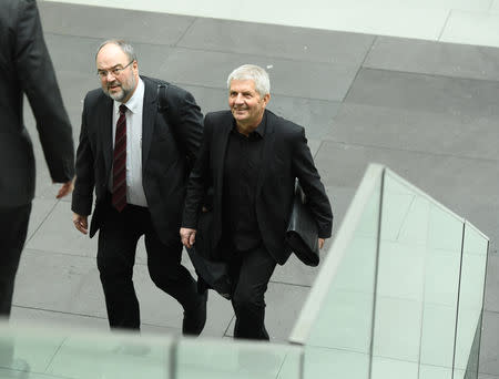 President of the German Federal Archives Michael Hollmann and Federal Commissioner for the Records of the State Security Service of the former German Democratic Republic Roland Jahn arrive for the presentation of the 14th report of the department in Berlin, Germany, March 13, 2019. REUTERS/Annegret Hilse