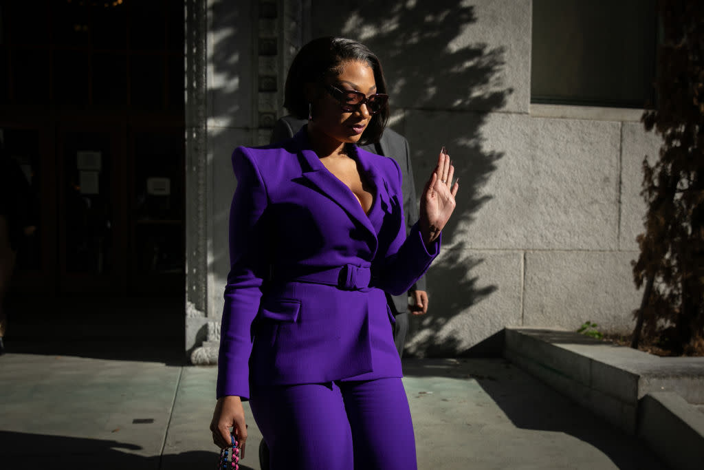 Megan Thee Stallion whose legal name is Megan Pete arrives at court to testify in the  trial of Rapper Tory Lanez for allegedly shooting her