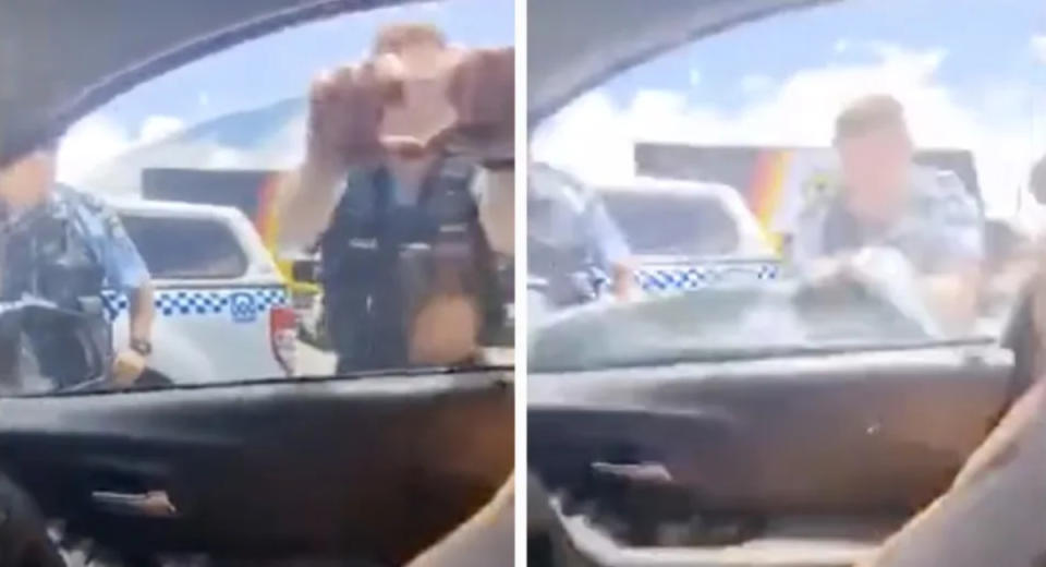 Wild footage captured the moment a NSW police officer ripped a car window from its frame in Coffs Harbour after a self-proclaimed 
