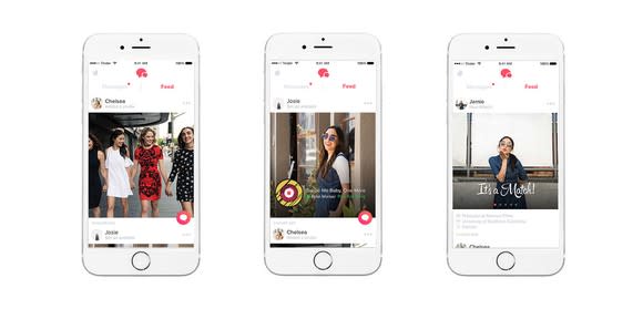 Three cells phones showing the Tinder Feed feature.