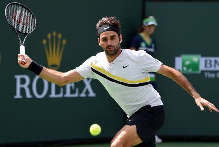 Mar 17, 2018; Indian Wells, CA, USA; Roger Federer (SUI) as he defeated Borna Coric (not pictured) during his semifinal match in the BNP Paribas Open at the Indian Wells Tennis Garden. Mandatory Credit: Jayne Kamin-Oncea-USA TODAY Sports