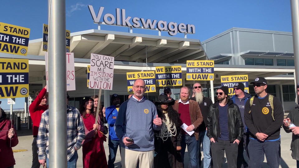 United Auto Workers president Shawn Fain speaks outside Volkswagen's plant in Chattanooga, Tennessee.  / Credit: CBS News