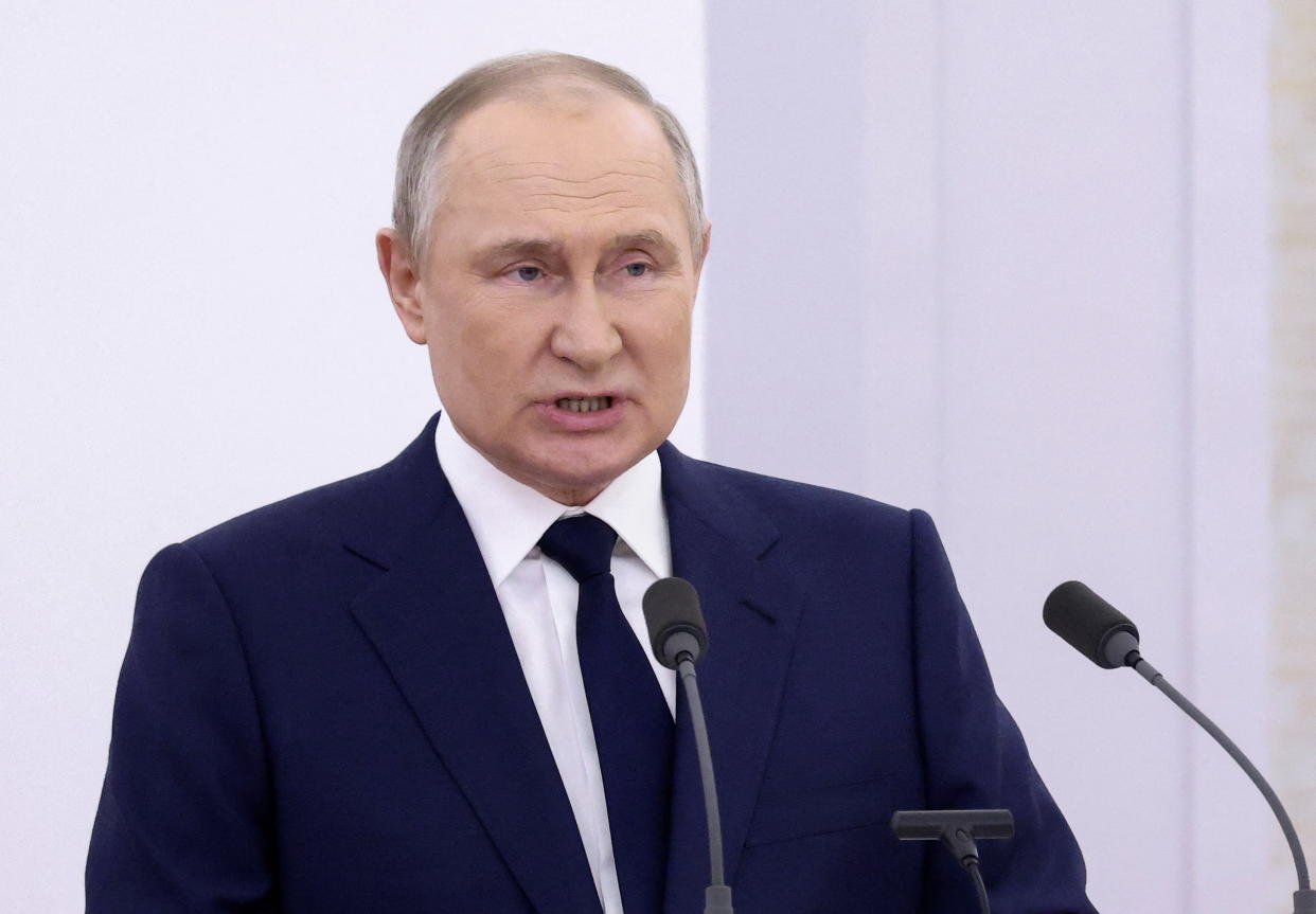 Russian President Vladimir Putin delivers a speech during a ceremony honouring the country's Olympians and Paralympians at the Kremlin in Moscow, Russia April 26, 2022. REUTERS/Maxim Shemetov