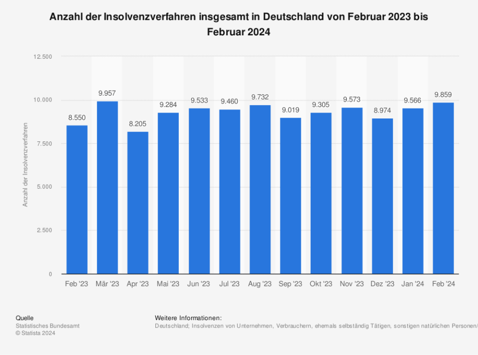 Anzahl der Insolvenzverfahren insgesamt in Deutschland von Februar 2023 bis Februar 2024. (Quelle: Statistisches Bundesamt)