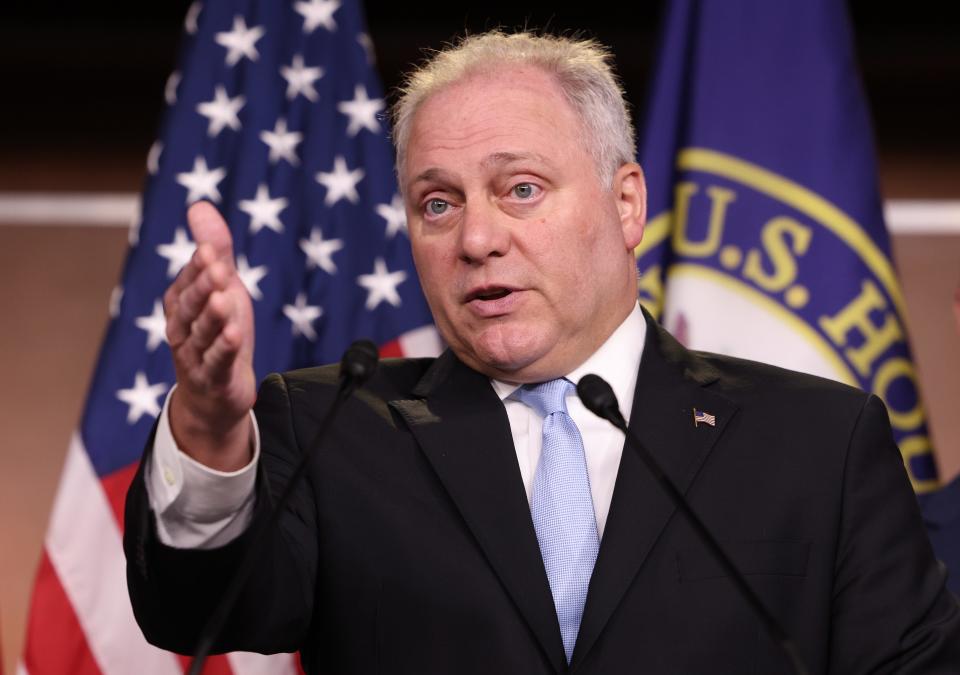 House Republican Whip U.S. Rep. Steve Scalise (R-LA) speaks following a House Republican conference meeting at the U.S. Capitol on June 29, 2021 in Washington, DC. Scalise said the House Republicans have plans to investigate the origins of the coronavirus.