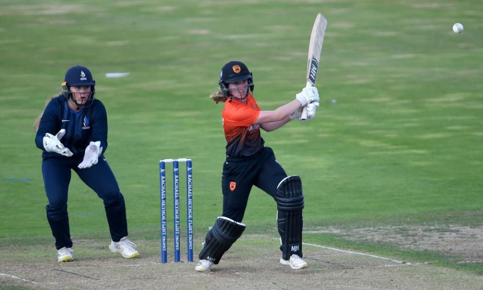 Emily Windsor hits out during her innings of 47 in an unbeaten stand of 76 that brought Southern Vipers victory.