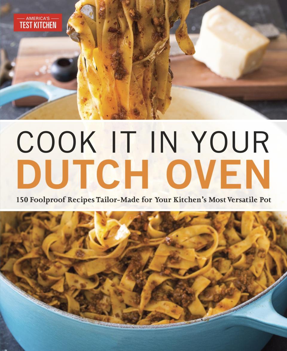 This image provided by America's Test Kitchen in December 2018 shows the cover for the book “Cook it in Your Dutch Oven.” It includes a recipe for Eggplant with Garlic and Basil Sauce. (America's Test Kitchen via AP)