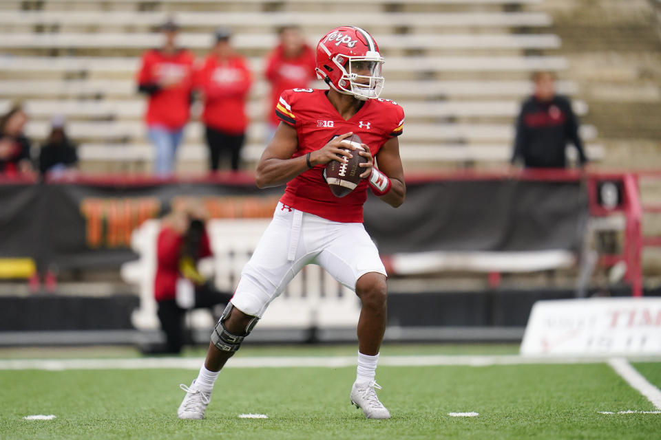 Maryland quarterback Taulia Tagovailoa looks to pass against Michigan State during the first half of an NCAA college football game, Saturday, Oct. 1, 2022, in College Park, Md. (AP Photo/Julio Cortez)