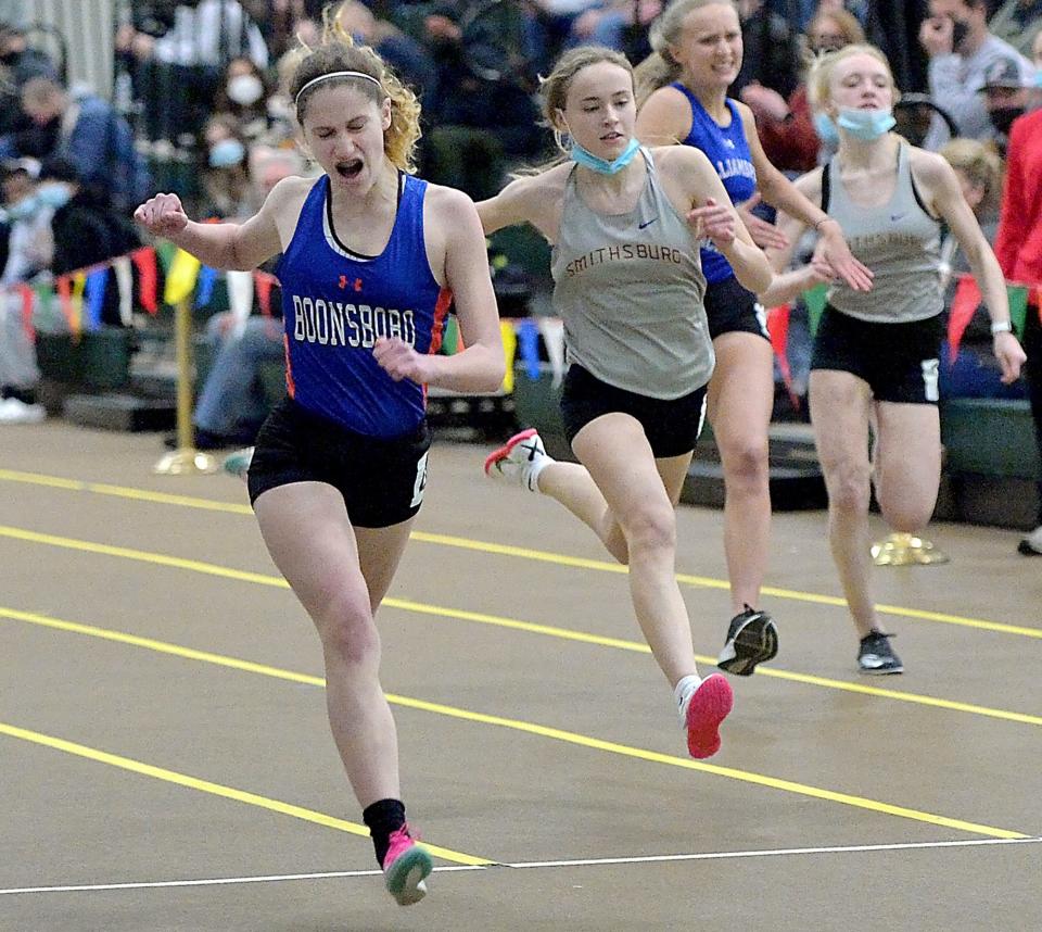 Boonsboro's Kara Yaukey wins the girls 55 final during the Washington County Indoor Track and Field Championships on Friday at Hagerstown Community College.