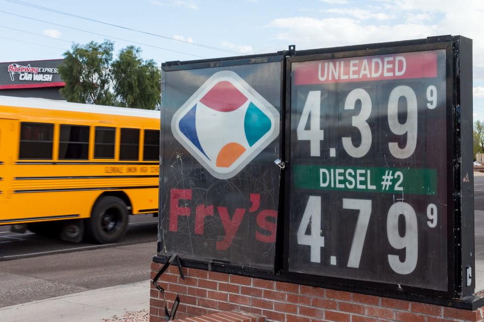 Fry's Fuel Center gas prices are posted facing 43rd Ave. on March 7, 2022, in Phoenix.