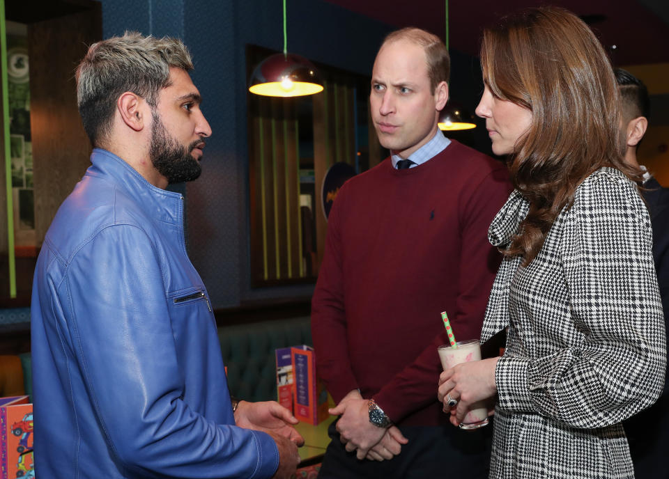 BRADFORD, ENGLAND - JANUARY 15: Prince William, Duke of Cambridge and Catherine, Duchess of Cambridge meet with Amir Khan during a visit to MyLahore’s flagship restaurant on January 15, 2020 in Bradford, United Kingdom. MyLahore is a British Asian restaurant chain which has taken inspiration from Lahore, the Food Capital of Pakistan. The Duke and Duchess visited Lahore during their recent tour to Pakistan. (Photo by Chris Jackson/Getty Images)