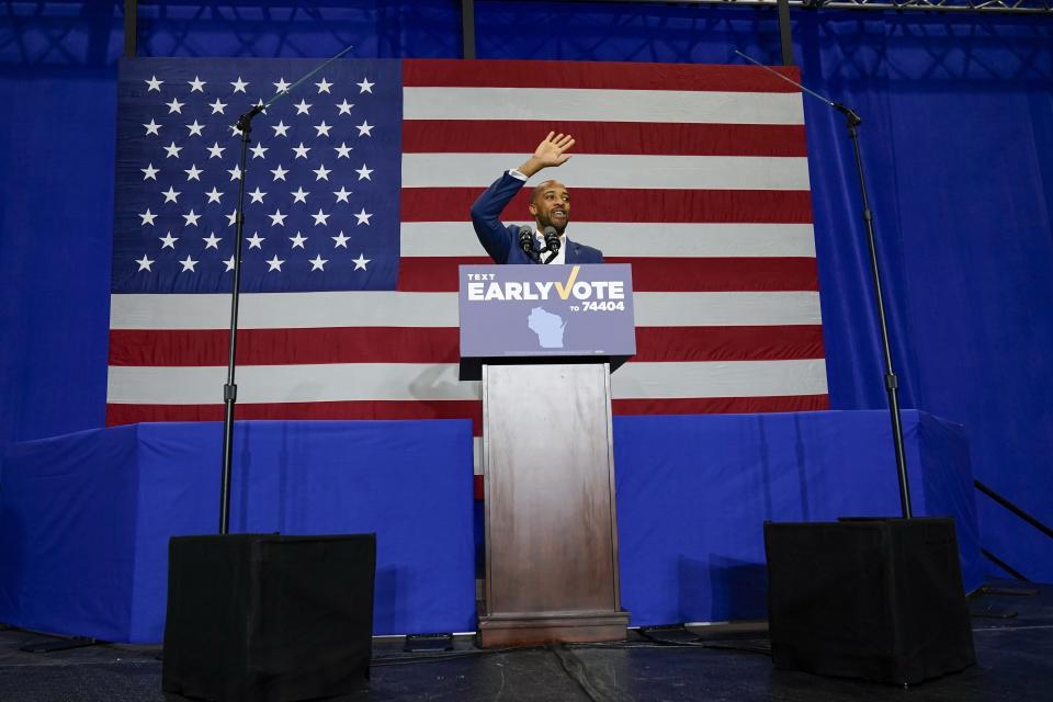 Wisconsin U.S. Senate candidate Mandela Barnes speaks at a rally Saturday, Oct. 29, 2022, in Milwaukee. Republican Sen. Ron Johnson and Barnes are honing closing arguments in a Wisconsin race that could be critical in which party controls the U.S. Senate. (AP Photo/Morry Gash)