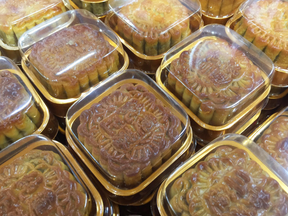 Moon cakes at a Chinese market during the Moon Festival in Toronto, Ontario, Canada, on September 16, 2021. (Photo by Creative Touch Imaging Ltd./NurPhoto via Getty Images)