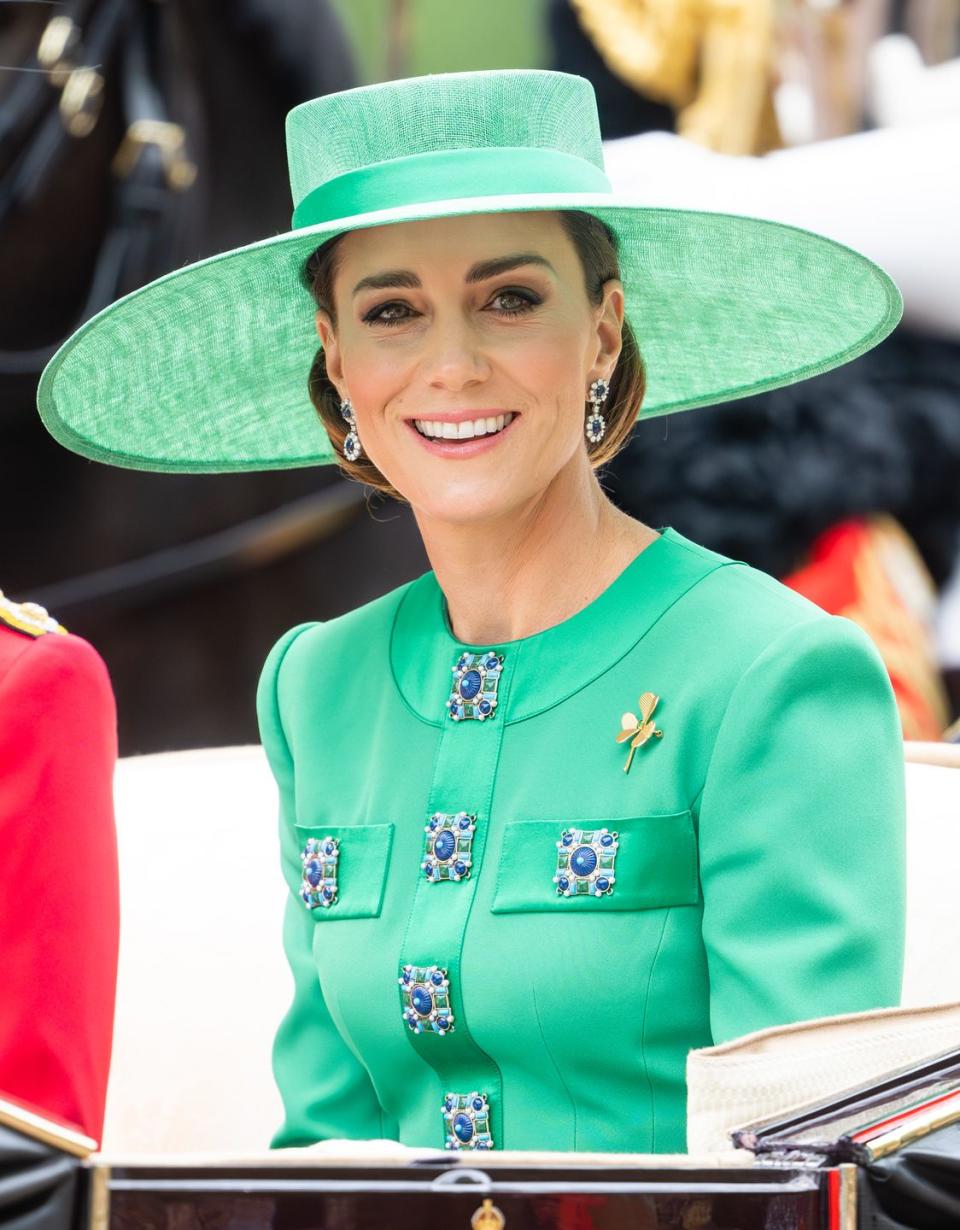 London, England, June 17. Catherine, Princess of Wales rides in a carriage down The Mall during Trooping the Colour on June 17, 2023 in London, England. Trooping the Colour is a traditional parade marking the official birthday of the British sovereign. It will be the first Trooping the Colour held for King Charles III since he ascended to the throne. Photo by Samir Husseinwireimage