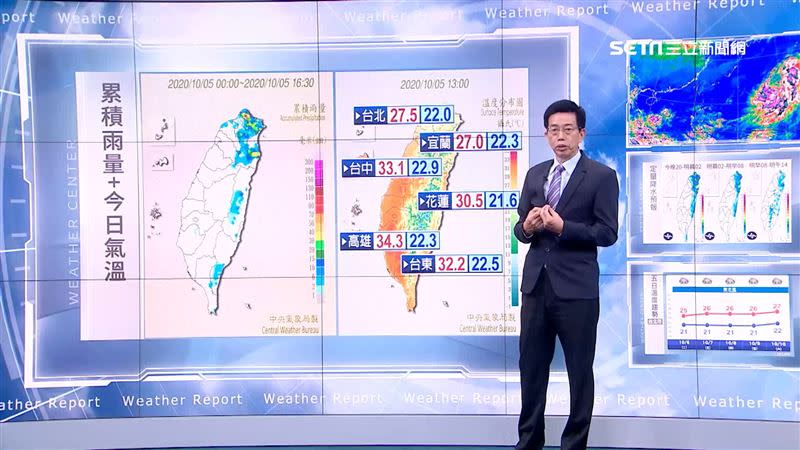 北台灣鋒面掠過，天氣濕涼；中南部影響則較小。