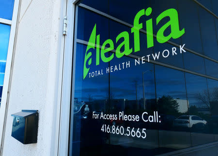 The storefront of Aleafia, a company owned by former police chief and Conservative cabinet minister and his business partners which authorizes patients with authorizations for medical marijuana use, is shown in Toronto, Ontario, Canada, November 17, 2017. REUTERS/Canice Leung