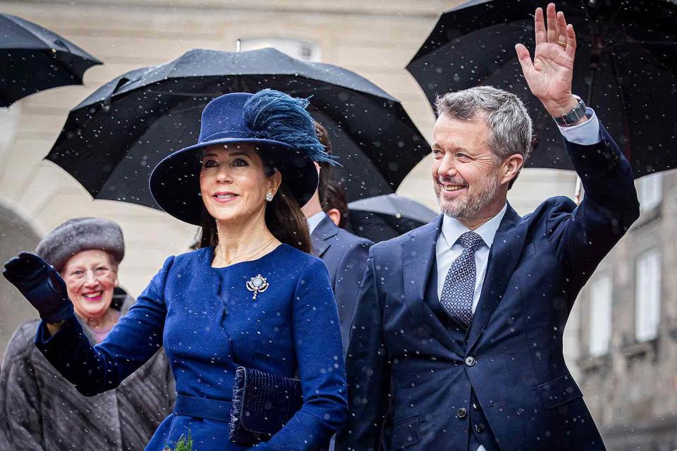 <p>Patrick van Katwijk/Getty</p> Queen Margrethe, Queen Mary and King Frederik of Denmark one day after the change of reign on Jan. 15, 2024