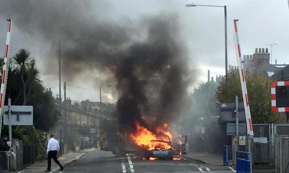 A Vauxhall Zafira burns in south-west London.