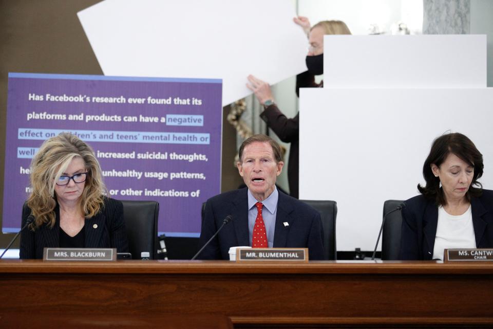 Senator Richard Blumenthal (D-CT) centre speaks as Facebook Global Head of Safety Director, Antigone Davis, testifies remotely before a hearing of the Senate Subcommittee on Consumer Protection, Product Safety, and Data Security to examine protecting children online, focusing on Facebook, Instagram, and mental health harms, on Capitol Hill in Washington, DC, September 30, 2021. (Photo by Tom Brenner / POOL / AFP) (Photo by TOM BRENNER/POOL/AFP via Getty Images)