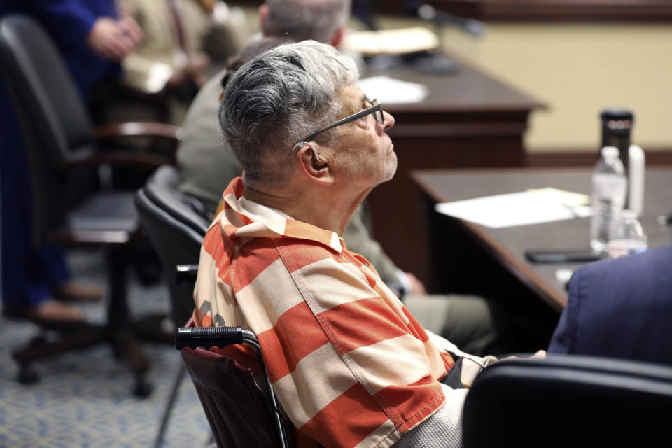 Frederick Hopkins listens during his sentencing hearing in Florence, S.C., on Thursday, Oct. 19, 2023. Hopkins was sentenced to life in prison without parole for killing two police officers and wounding five others in an October 2018 ambush at his Florence home (AP Photo/Jeffrey Collins).