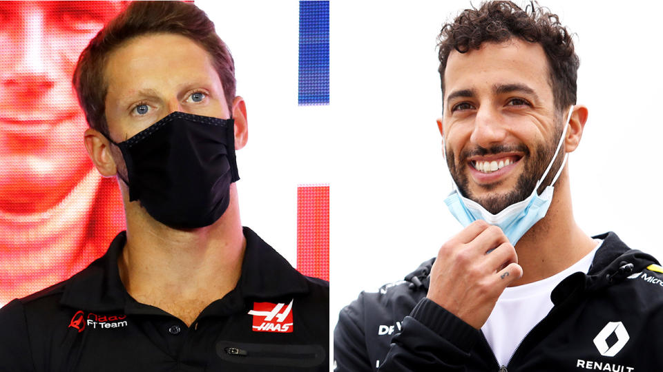 A 50-50 split image shows Romain Grosjean on the left and Daniel Ricciardo on the right.