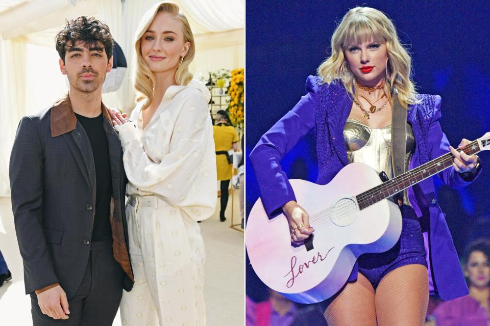 Joe Jonas and Sophie Turner attend 2019 Roc Nation THE BRUNCH on February 9, 2019 in Los Angeles, California. (Photo by Kevin Mazur/Getty Images for Roc Nation ); Taylor Swift performs onstage during the 2019 MTV Video Music Awards at Prudential Center on August 26, 2019 in Newark, New Jersey. (Photo by Kevin Mazur/WireImage)