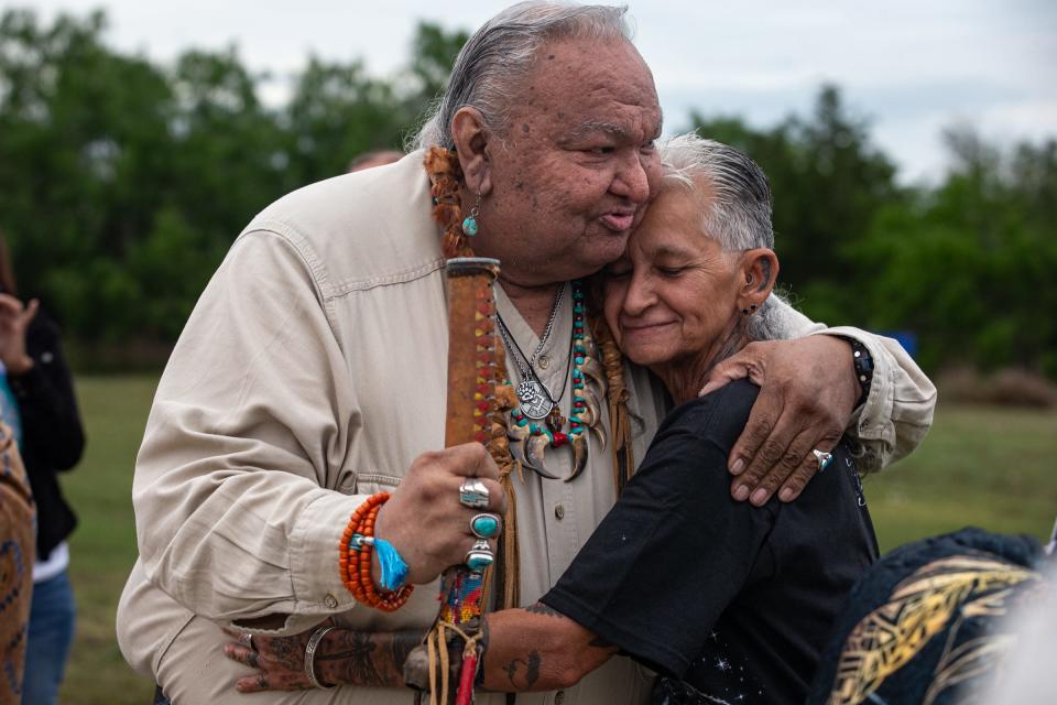 Larry Running Turtle Salazar greets Cindy Benavidez before her naming ceremony on April 8, 2023, in Corpus Christi, Texas. Running Turtle Salazar said he learned how to lead a naming ceremony from his parents. "A lot of different tribes do them differently according to the way they were taught.”