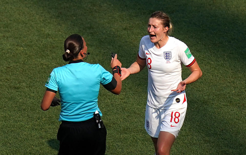 England's Ellen White appeals to Match referee Anastasia Pustovoytova after her goal is disallowed during the FIFA Women's World Cup Third Place Play-Off at the Stade de Nice, Nice. (Photo by John Walton/PA Images via Getty Images)