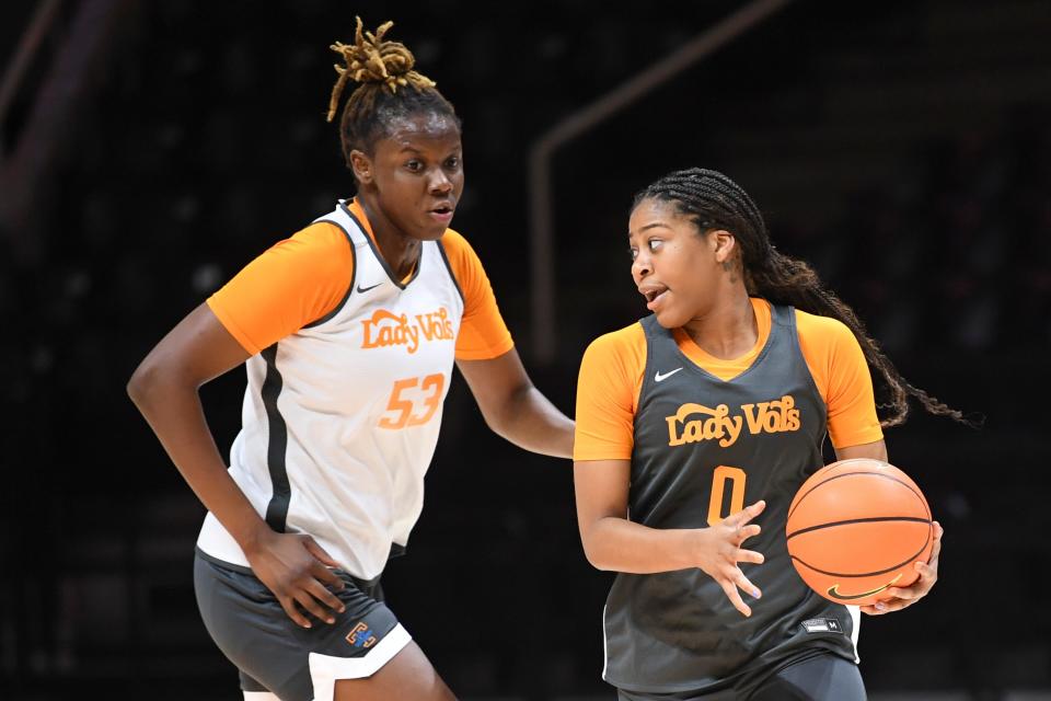 Tennessee’s Jewel Spear (0) participates in a drill during Lady Vols basketball practice in Thompson-Boling Arena, Thursday, June 8, 2023.