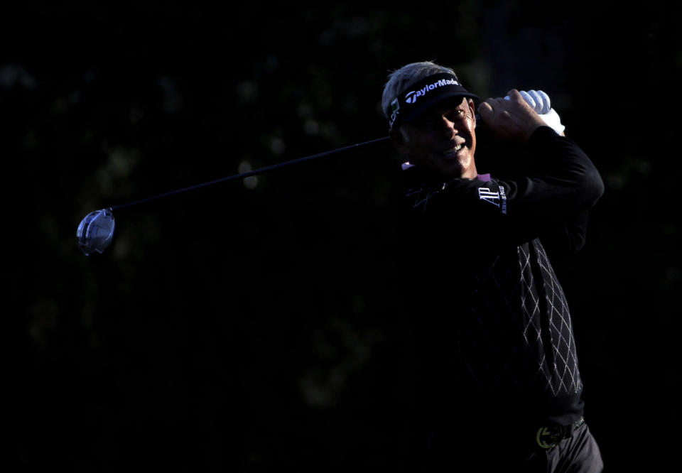 Darren Clark, of Northern Ireland, tees off on the second hole during the second round of the Masters golf tournament Friday, April 11, 2014, in Augusta, Ga. (AP Photo/David J. Phillip)