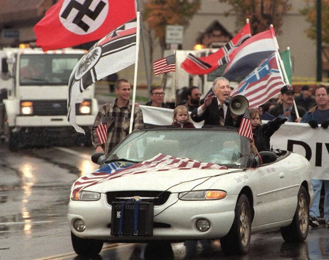 In this Oct. 28, 2000, photo, white supremacist Richard Butler speaks at an Aryan Nations rally in Coeur d’Alene.