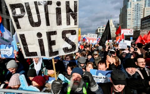 Muscovites protest plans to isolate the Russian Internet from the rest of the world in March - Credit: Alexander Nemenov/AFP