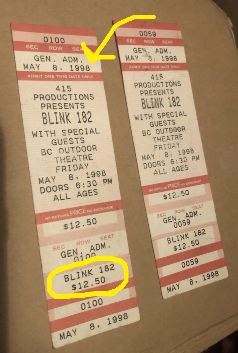 Two general admission tickets for a Blink 182 concert with BC Outdoor Theatre, 415 Productions on May 8, 1998, $12.50 each, all ages