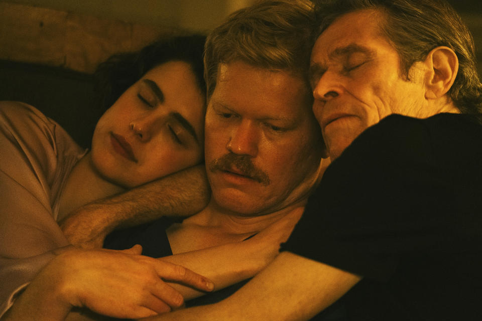 This image released by Searchlight Pictures shows Margaret Qualley, from left, Jesse Plemons and Willem Dafoe in a scene from "Kinds of Kindness." (Searchlight Pictures via AP)