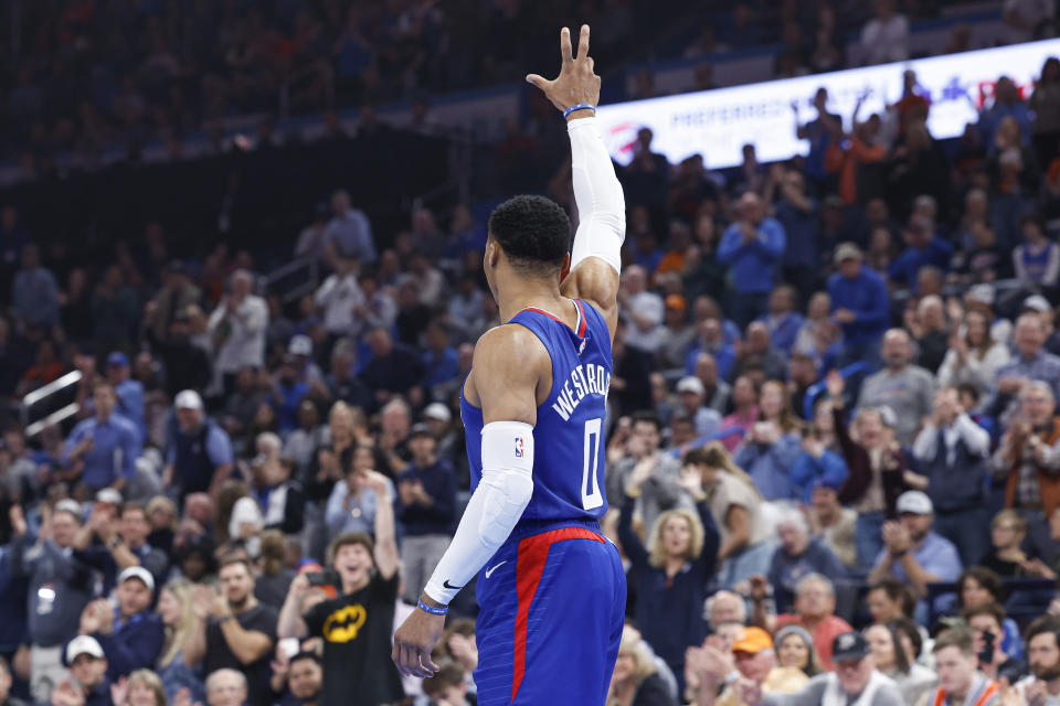 Feb 22, 2024; Oklahoma City, Oklahoma, USA; LA Clippers guard Russell Westbrook (0) waves to fans as he enters the game against the Oklahoma City Thunder during the first quarter at Paycom Center. Mandatory Credit: Alonzo Adams-USA TODAY Sports