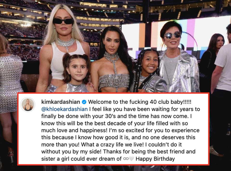 Khloe Kardashian, Kim Kardashian, Kris Jenner, and two children on the left in glamorous silver outfits at a public event, likely a concert or festival venue