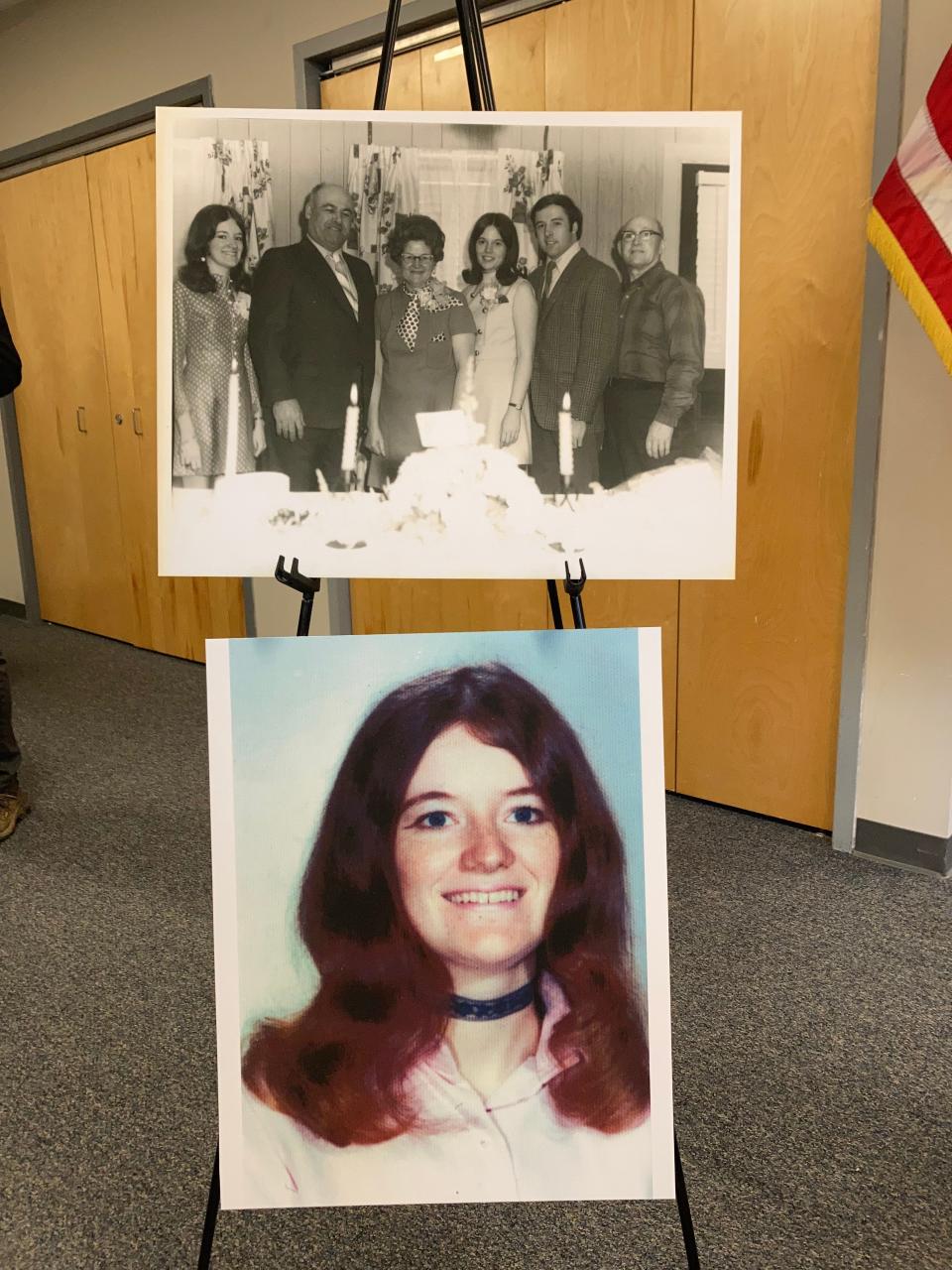 Photos of Rita Curran on a stand at the press conference on Feb. 21, 2023. Detectives finally solved the nearly 52-year-old case this month.