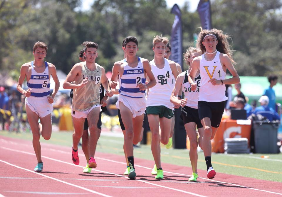 Ventura High's Anthony Fasthorse (right) leads the pack during the first lap of the Division 2 boys 1,600-meter race at the CIF-Southern Section Track and Field Championships at Moorpark High on Saturday, May 13, 2023. Fasthorse finished third in 4:13.37.