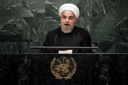 Iran's President Hassan Rouhani addresses a plenary meeting of the United Nations Sustainable Development Summit 2015 at the United Nations headquarters in Manhattan, New York September 26, 2015. REUTERS/Carlo Allegri