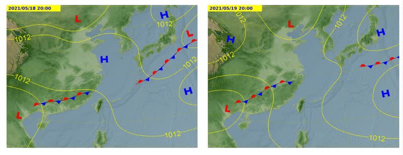 下周二至周三（18～19日）鋒面才會略為靠近台灣，全台各地山區午後雷陣雨範圍較大較廣。（圖／翻攝自氣象局）