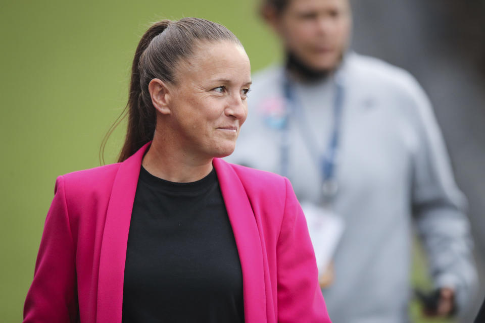SAN DIEGO, CALIFORNIA - MAY 07: Head coach Casey Stoney of San Diego Wave FC enters the stadium for the regular season home opener against the NJ/NY Gotham FC at Torero Stadium on May 07, 2022 in San Diego, California. (Photo by Meg Oliphant/Getty Images)