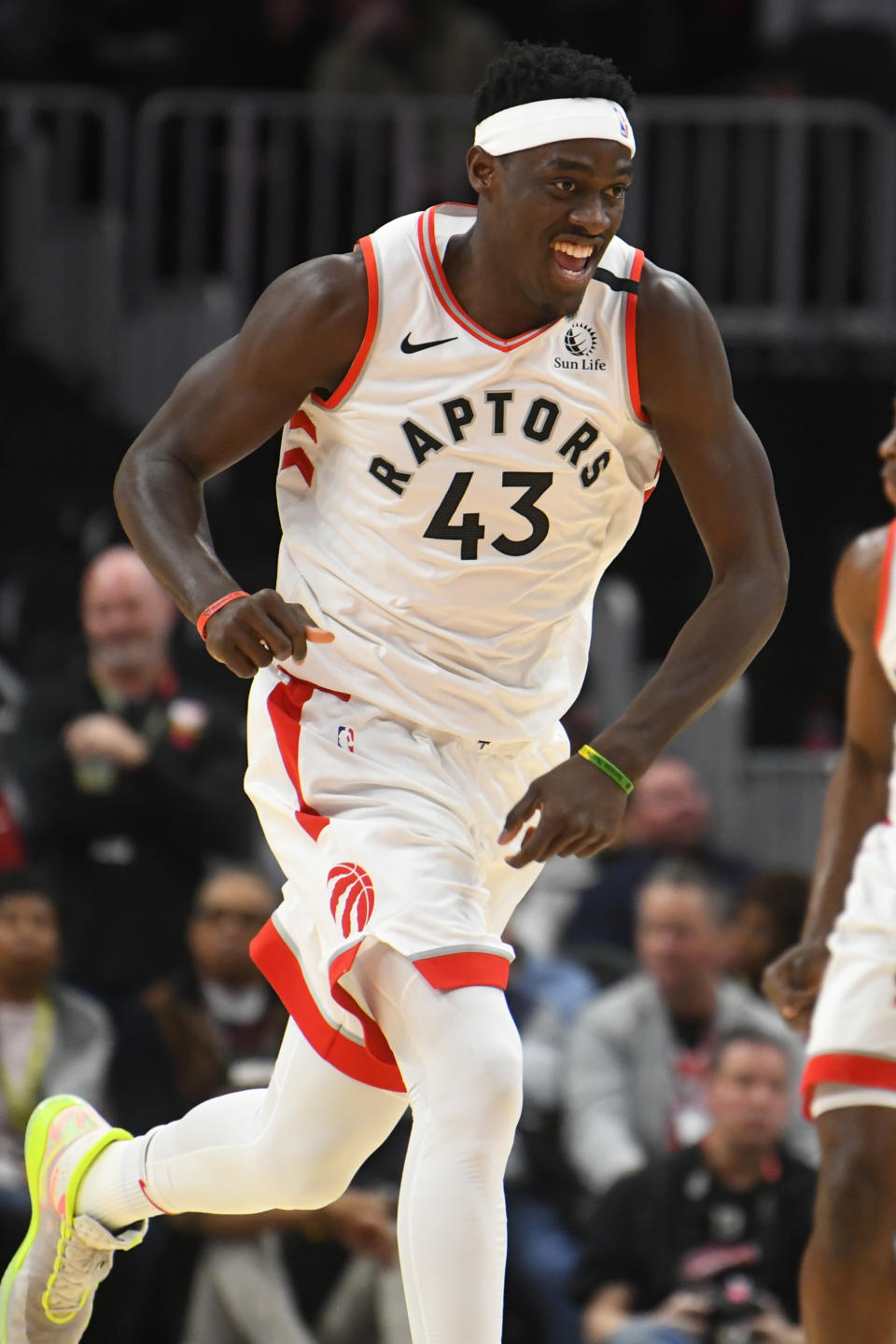 Toronto Raptors forward Pascal Siakam reacts after scoring against the Atlanta Hawks during the first quarter of an NBA basketball game Monday, Jan. 20, 2020, in Atlanta. (AP Photo/John Amis)