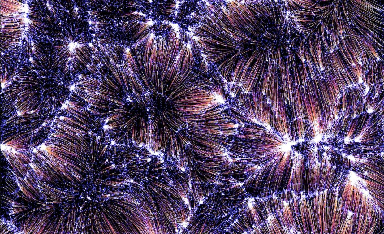 Les trajectoires de galaxies au fil de l'évolution de l'univers semblent dessiner un feu d'artifice (ici, il s'agit d'un modèle numérique avec des données artificielles). Bruno Lévy, Inria, Fourni par l'auteur