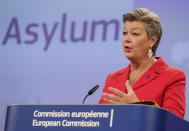 European Commissioner for Home Affairs Ylva Johansson, speaks during a media conference on the New Pact for Migration and Asylum at EU headquarters in Brussels, Wednesday, Sept. 23, 2020. (Stephanie Lecocq, Pool via AP)