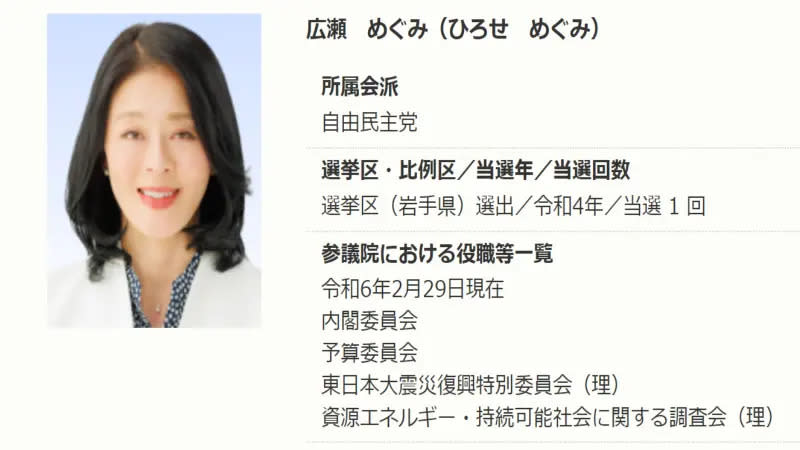 ▲57歲的日本自民黨籍國會參議員廣瀨惠，被爆開豪車載「小王」去新宿歌舞伎町開房間，隔天還直接穿著同一套衣服去國會上班。（圖／翻攝自日本參議院官網）