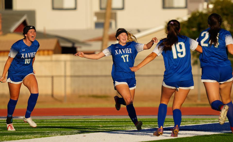 Xavier Prep forward Eva Allen (17) celebrates a goal against Perry during the 6A Championship game at Dobson High School in Mesa on Feb. 25, 2023.